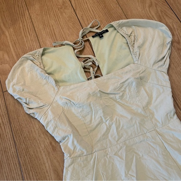 Kendall + Kylie Backless Puff Sleeve Tie Back Khaki Mini Dress | Light Green | S - Picture 6 of 16